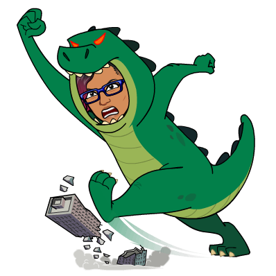 Cartoon of a person with brown skin, dressed in a Godzilla costume and kicking over a building